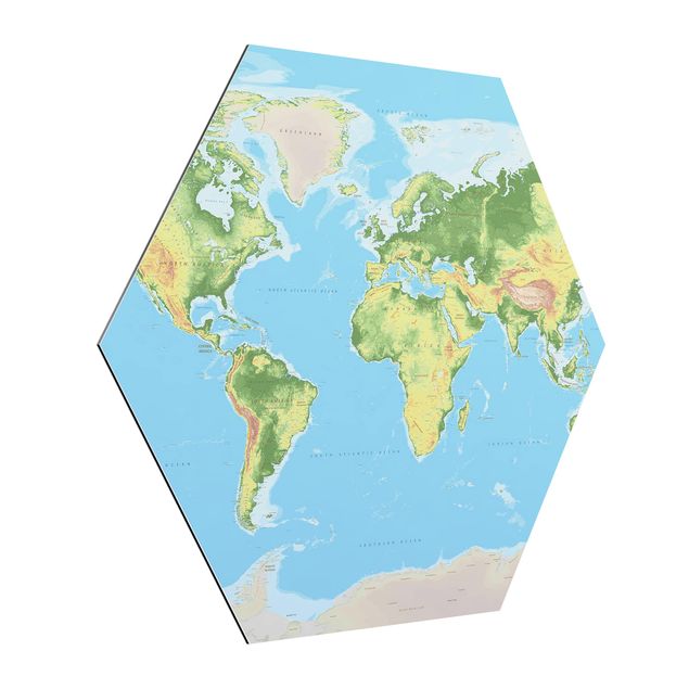 Hexagons Aluminium Dibond schilderijen Physical World Map