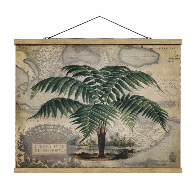 Stoffen schilderij met posterlijst Vintage Collage - Palm And World Map