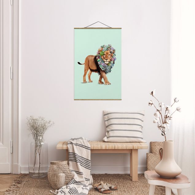 Stoffen schilderij met posterlijst Lion With Succulents