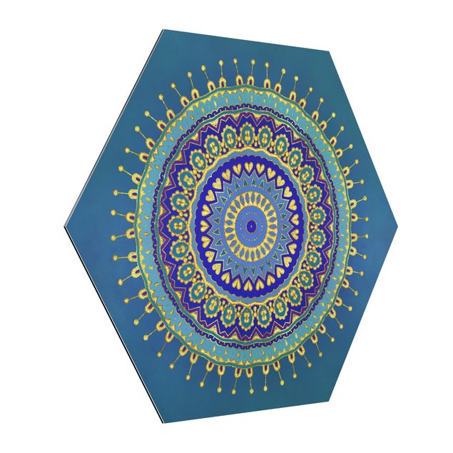 Hexagons Aluminium Dibond schilderijen Mandala Blue Gold