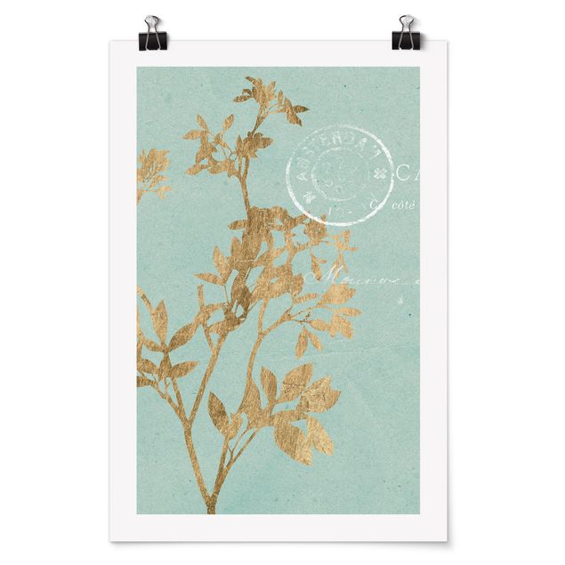 Posters Golden Leaves On Turquoise I
