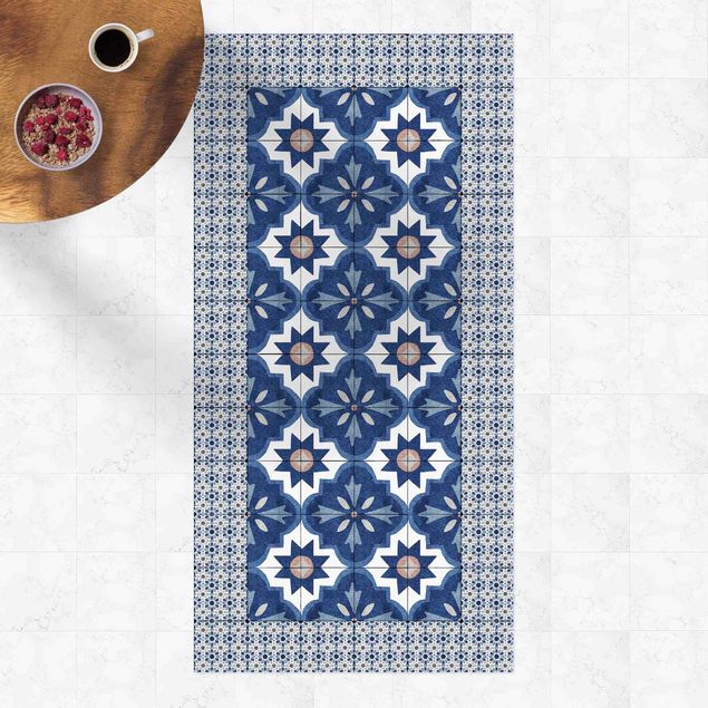 buitenkleed balkon Moroccan Tiles Watercolour Blue With Tile Frame