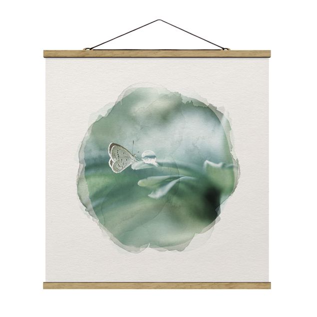 Stoffen schilderij met posterlijst WaterColours - Butterfly And Dew Drops In Pastel Green