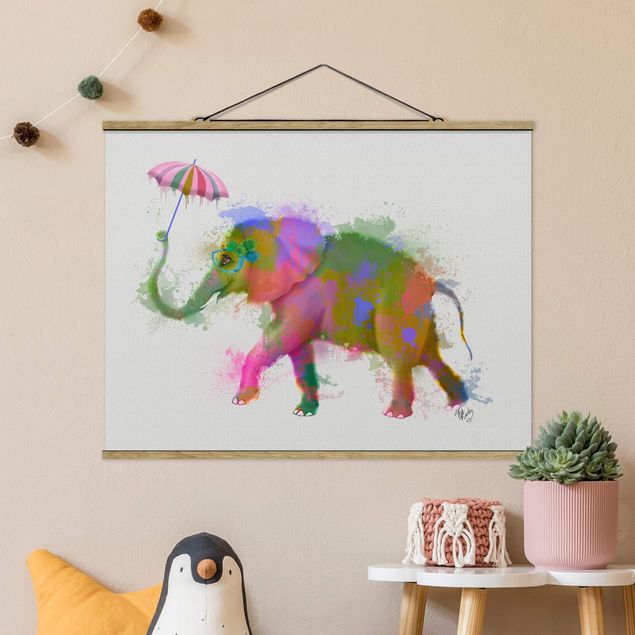 Stoffen schilderij met posterlijst Rainbow Splash Elephant