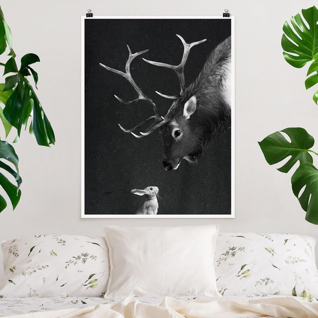 Posters Illustration Deer And Rabbit Black And White Drawing