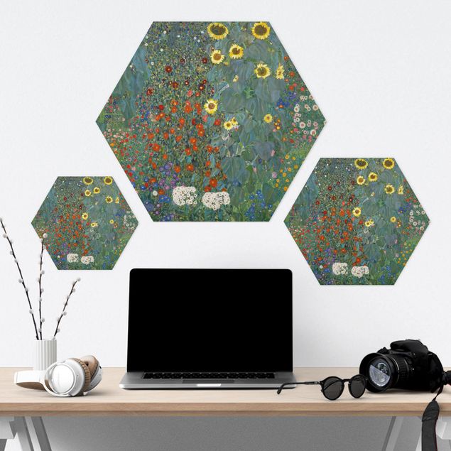 Hexagons Aluminium Dibond schilderijen Gustav Klimt - Garden Sunflowers