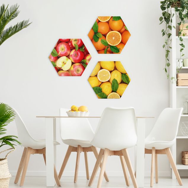 Hexagons Aluminium Dibond schilderijen - 3-delig Fresh Fruit