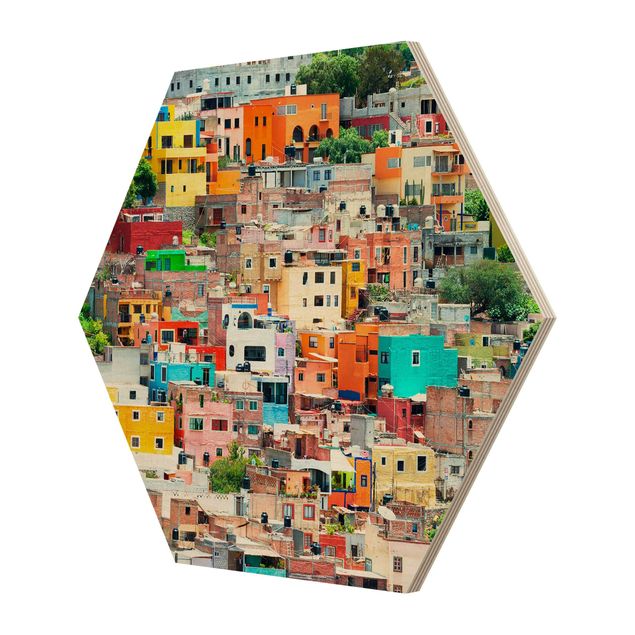 Hexagons houten schilderijen Coloured Houses Front Guanajuato