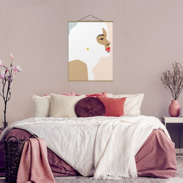 Stoffen schilderij met posterlijst Line Art Portrait Woman Pastel Pink