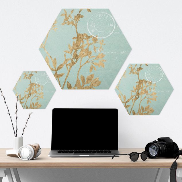 Hexagons Aluminium Dibond schilderijen Golden Leaves On Turquoise I