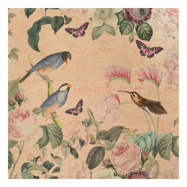 Houten schilderijen Vintage Collage - Roses And Birds