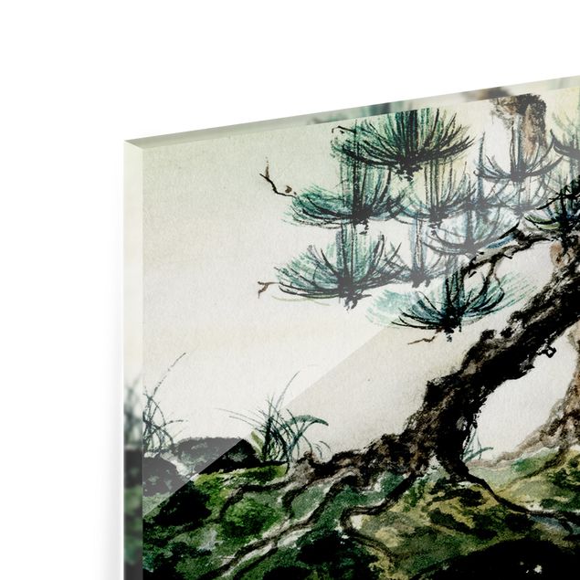 Spatscherm keuken Japanese Watercolor Drawing Pine And Mountain Village
