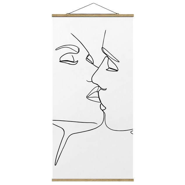 Stoffen schilderij met posterlijst Line Art Kiss Faces Black And White