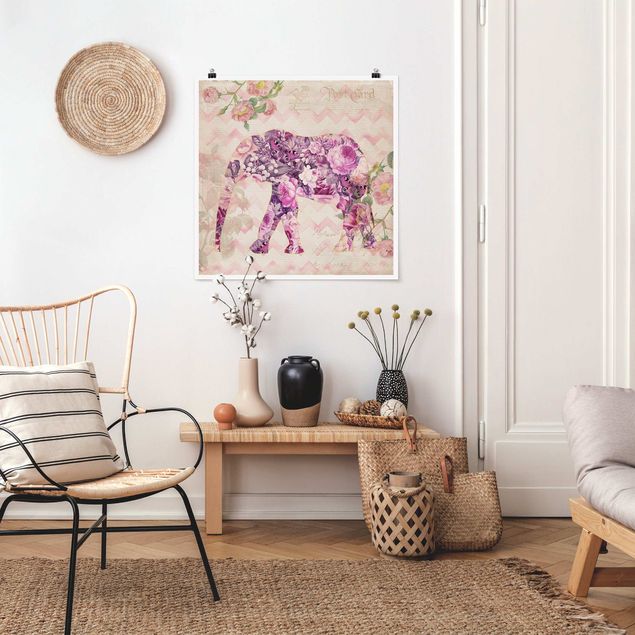 Posters Vintage Collage - Pink Flowers Elephant