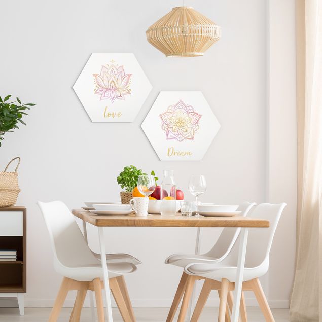 Hexagons Aluminium Dibond schilderijen - 2-delig Mandala Dream Love Set Gold Pink