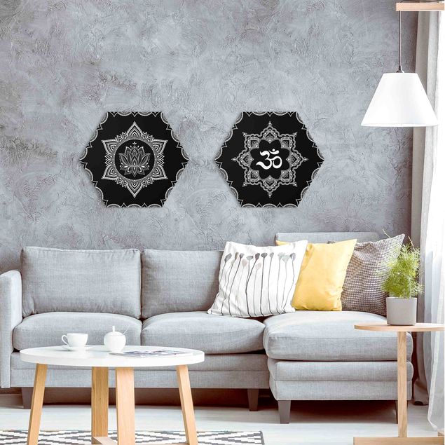 Hexagons Aluminium Dibond schilderijen - 2-delig Lotus OM Illustration Set Black