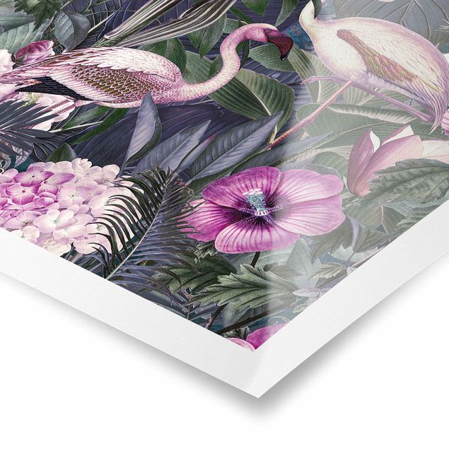 Posters Colourful Collage - Pink Flamingos In The Jungle