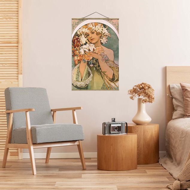 Stoffen schilderij met posterlijst Alfons Mucha - Flower