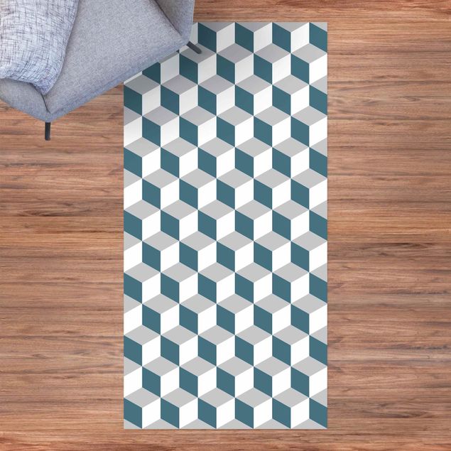 loper vloerkleed Geometrical Tile Mix Cubes Blue Grey