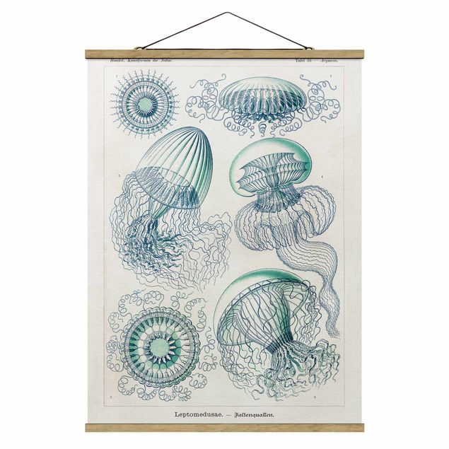 Stoffen schilderij met posterlijst Vintage Board Jellyfish In Blue