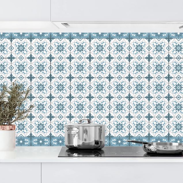 Achterwand voor keuken patroon Geometrical Tile Mix Flower Blue Grey