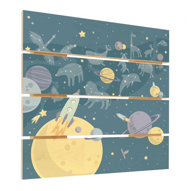 Houten schilderijen op plank Planets With Zodiac And Missiles