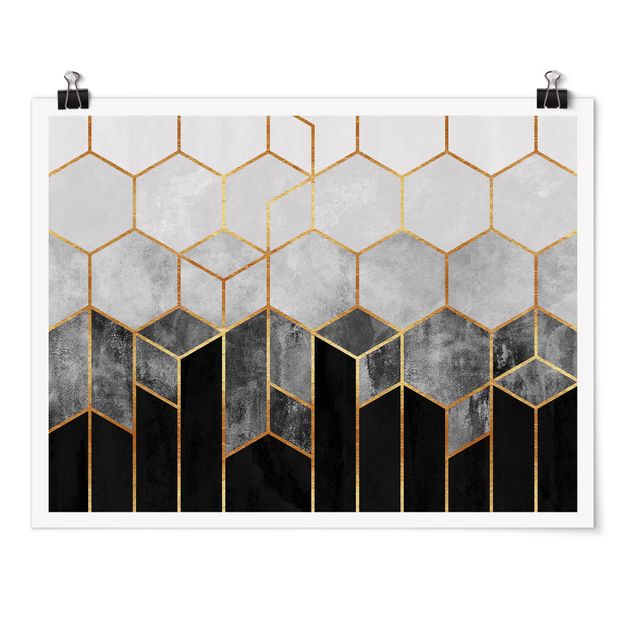 Posters Golden Hexagons Black And White