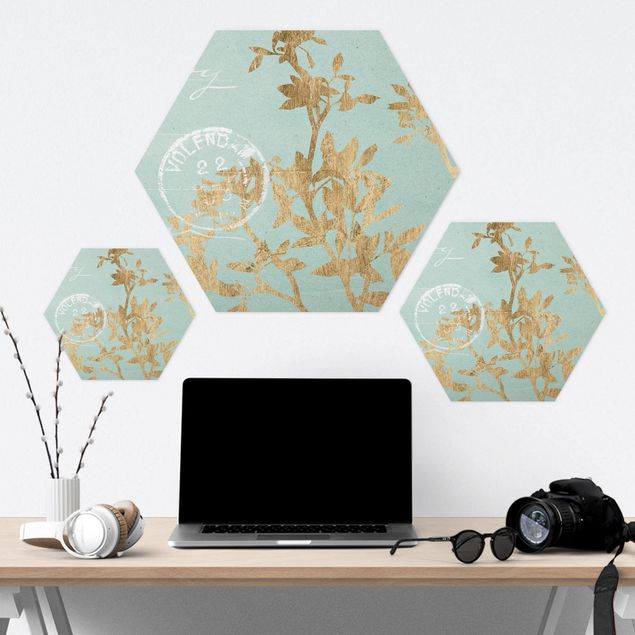 Hexagons Aluminium Dibond schilderijen Golden Leaves On Turquoise II