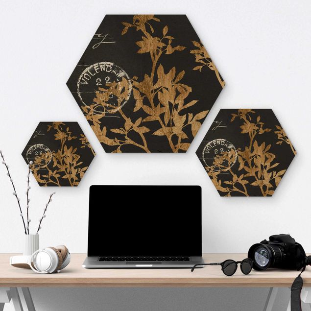 Hexagons houten schilderijen Golden Leaves On Mocha II