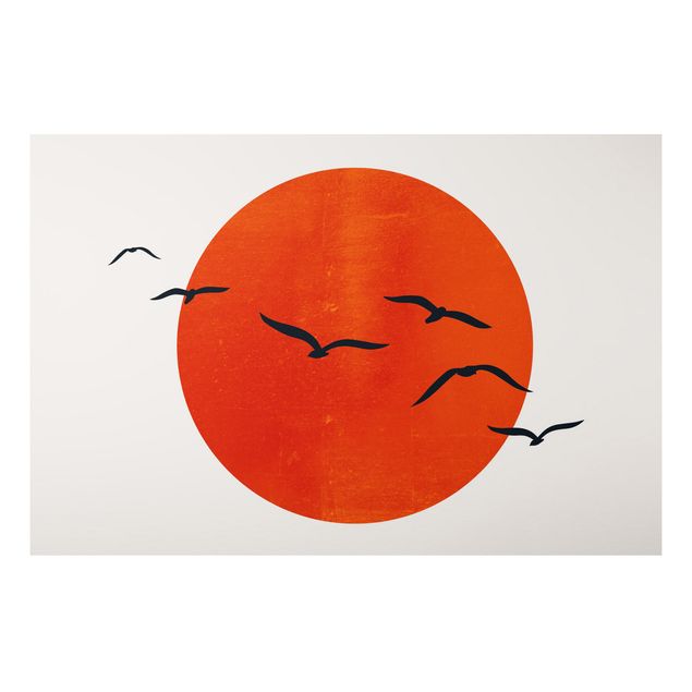 Aluminium Dibond schilderijen Flock Of Birds In Front Of Red Sun I
