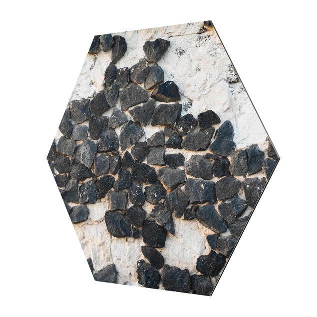 Hexagons Aluminium Dibond schilderijen Wall With Black Stones