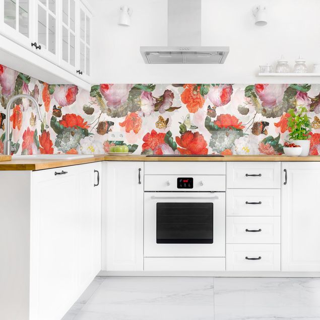 Achterwand in keuken Red Flowers With Butterflies