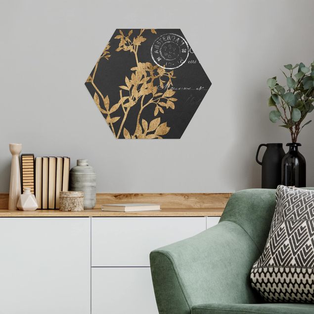 Hexagons Aluminium Dibond schilderijen Golden Leaves On Mocha I