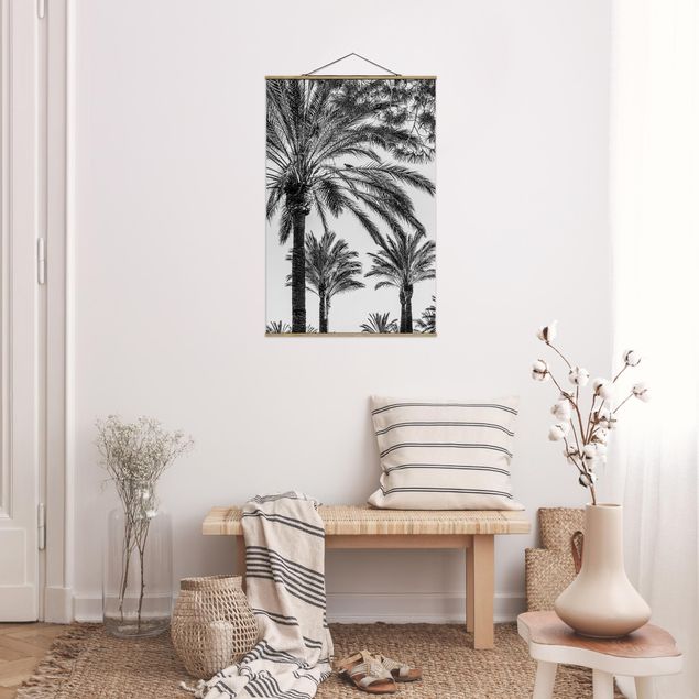 Stoffen schilderij met posterlijst Palm Trees At Sunset Black And White