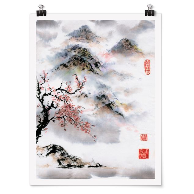 Posters Japanese Watercolour Drawing Cherry Tree And Mountains