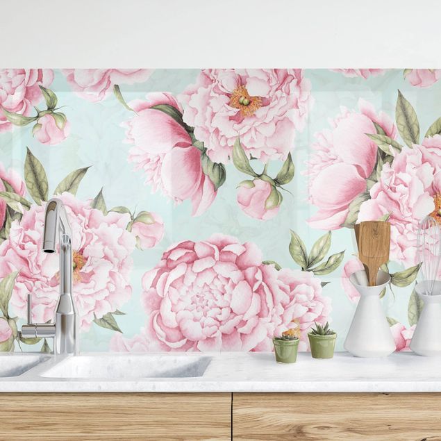 Achterwand voor keuken bloemen Pink Flowers On Mint Green In Watercolour