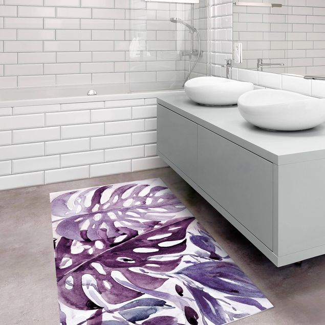 tapijt modern Watercolour Tropical Leaves With Monstera In Aubergine