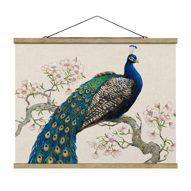 Stoffen schilderij met posterlijst Vintage Peacock With Cherry Blossoms