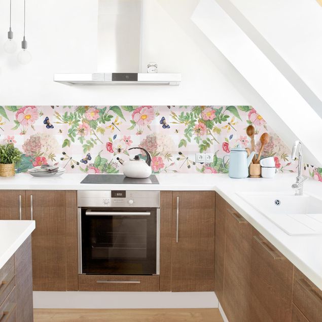 Achterwand voor keuken Butterflies With Pink Roses