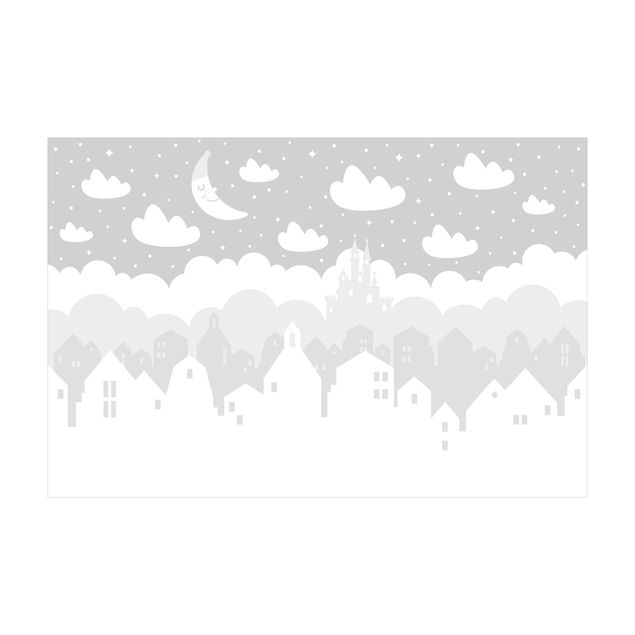 Vinyl tapijt Starry Sky With Houses And Moon In Grey