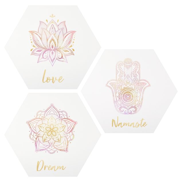 Hexagons Aluminium Dibond schilderijen - 3-delig Mandala Namaste Lotus Set Gold Light Pink