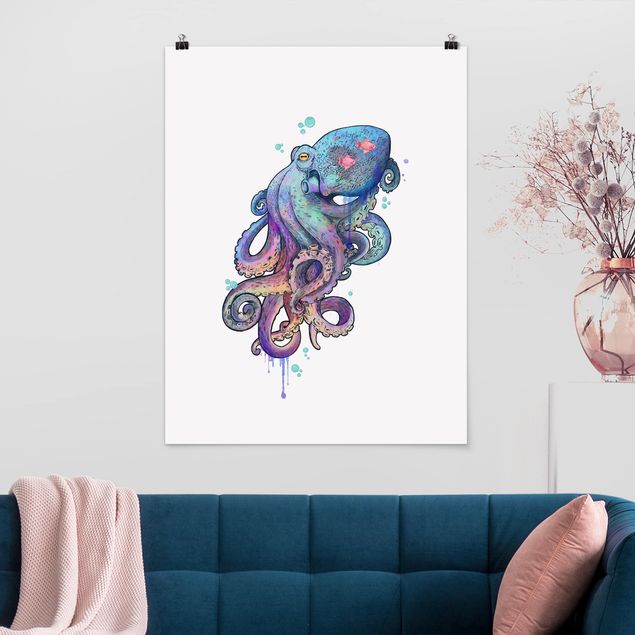 Posters Illustration Octopus Violet Turquoise Painting