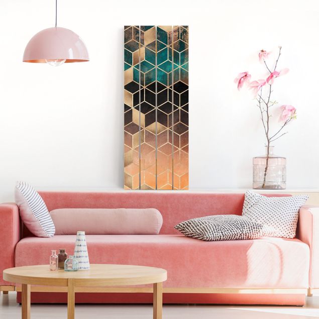 Houten schilderijen op plank Turquoise Rosé Golden Geometry