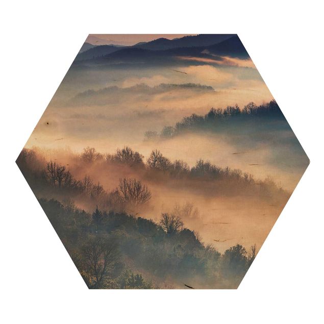 Hexagons houten schilderijen Fog At Sunset