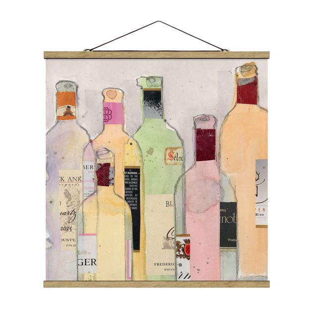 Stoffen schilderij met posterlijst Wine Bottles In Watercolour I