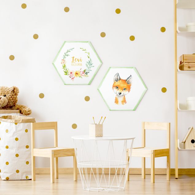 Hexagons Forex schilderijen - 2-delig Watercolour Forest Animals With Desired Name