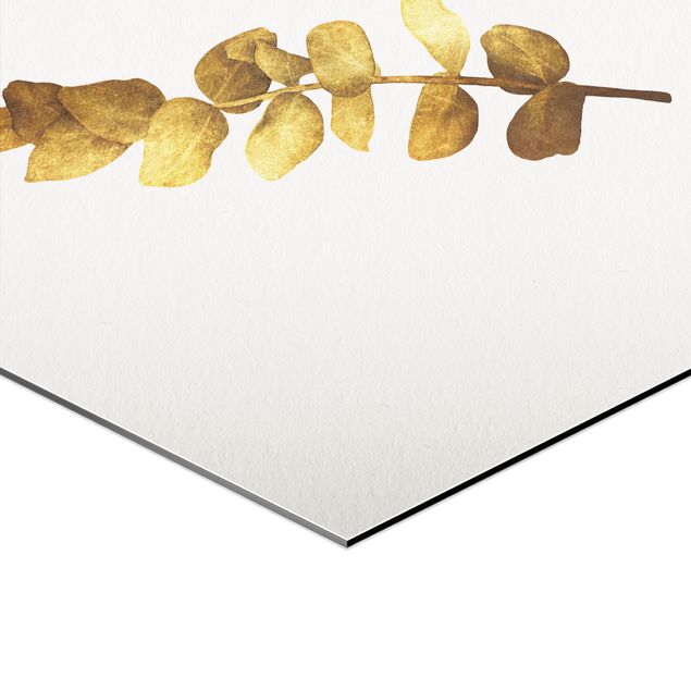 Hexagons Aluminium Dibond schilderijen - 3-delig Gold - Tropical Leaves Set I