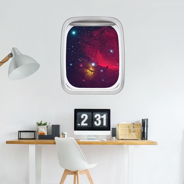 Muurstickers 3d Aircraft Window Colourful Galaxy