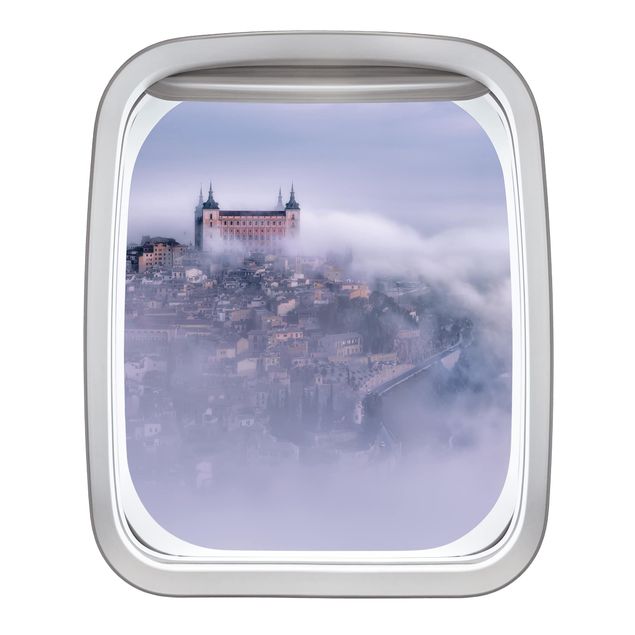 Muurstickers 3d Aircraft Window City Toledo In The Mist