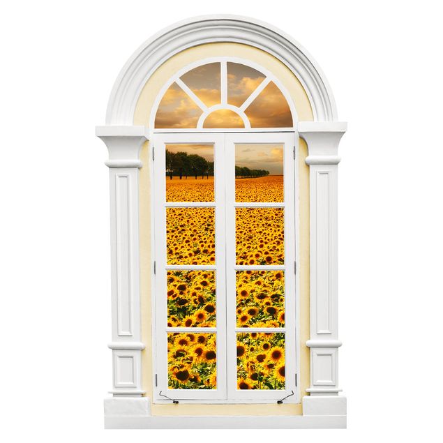 Muurstickers natuur Mediterranean Field Window With Sunflowers